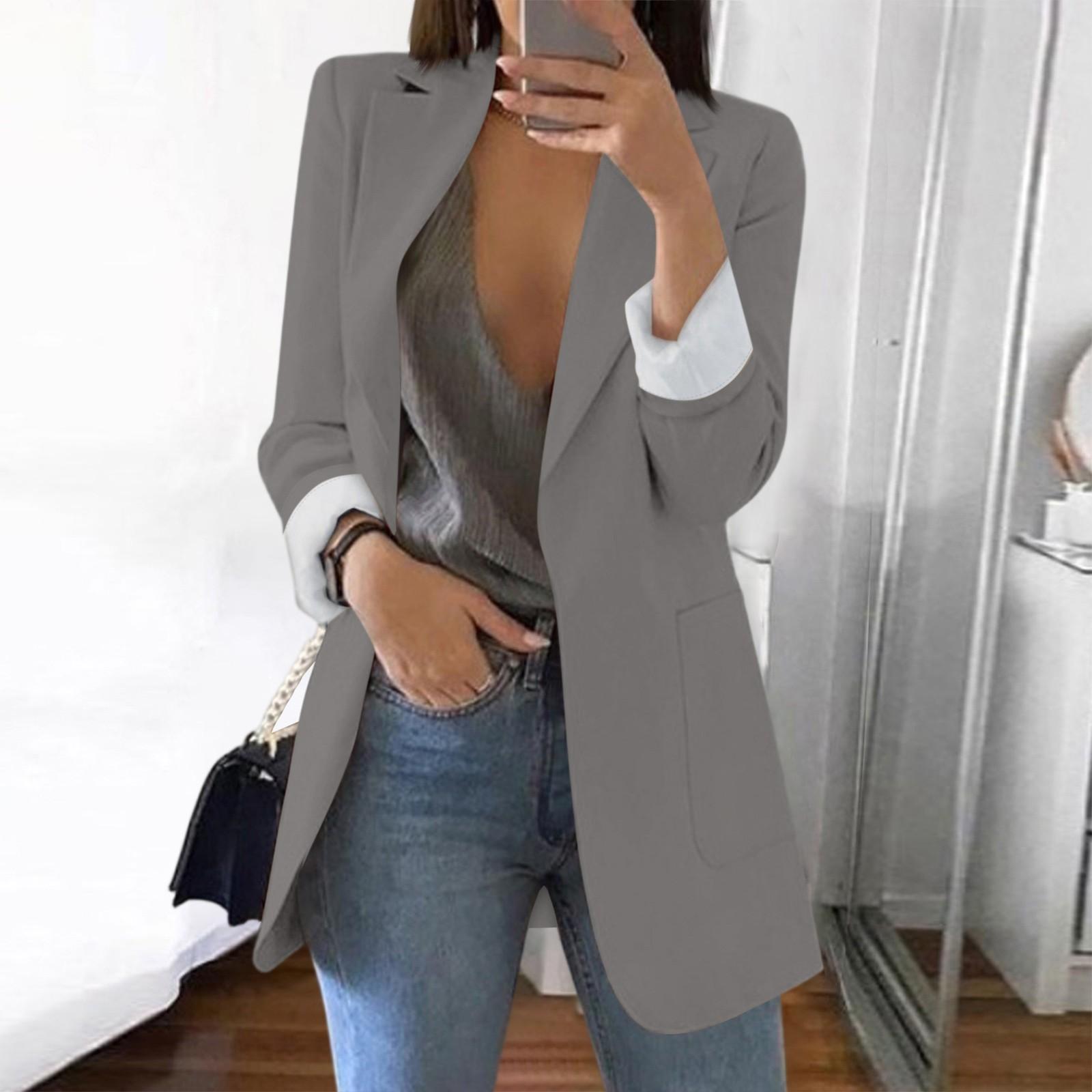 

Жіночий однотонний кардиган з відкритими передніми кишенями, урочистий костюм, блузка з довгим рукавом, пальто XL сірий