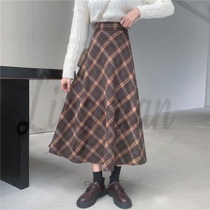 Plus Size Korean Wool Plaid High Waist Winter Skirt L Plus
