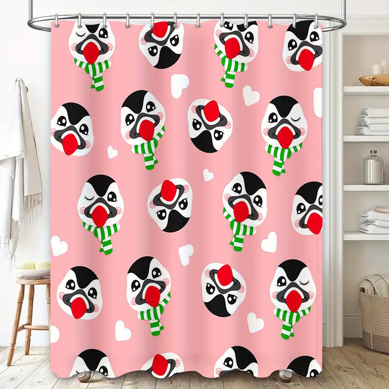 Bright Red Nose Penguin Shower Curtain Christmas Decor Bathroom Set For Children'S Room Waterproof Fabric Bath Mats In Pink With