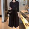 Women's Elegant Mid-Length Black Dress - 2025 Autumn New Style, Slimming Pleated Skirt, Long Sleeve Versatile Design