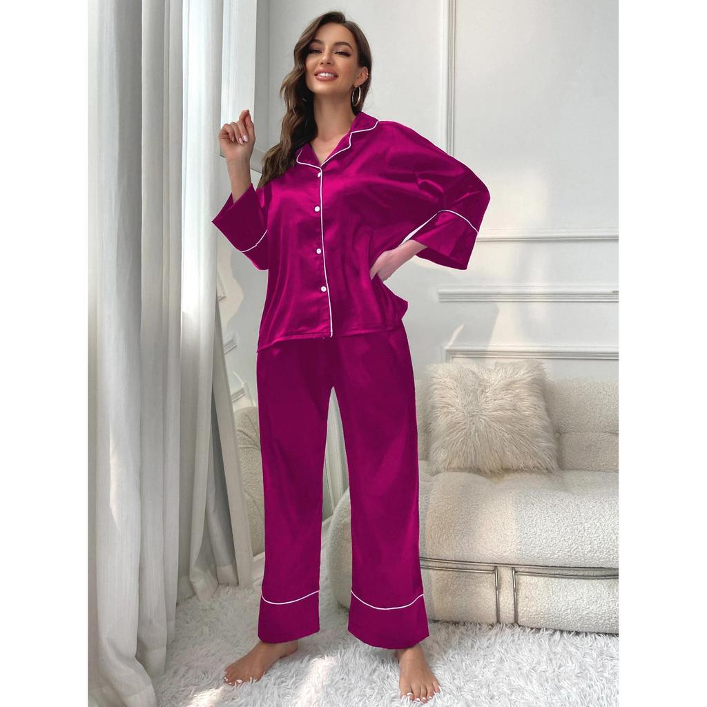 Damen-Pyjama-Set aus Eisseide: Langärmlig, Einfarbig, Zweiteilig für Herbst/Winter