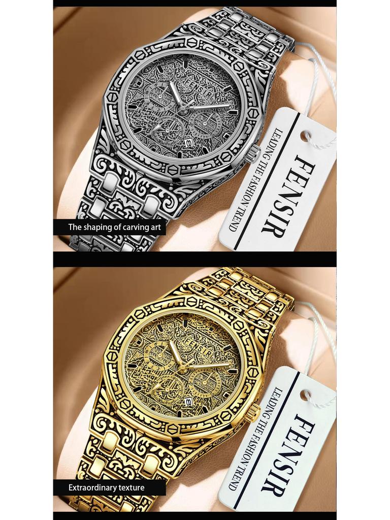 Luminous Men's Quartz Watch with Steel Band, Waterproof, Calendar, Fashion Three-Hand Design.