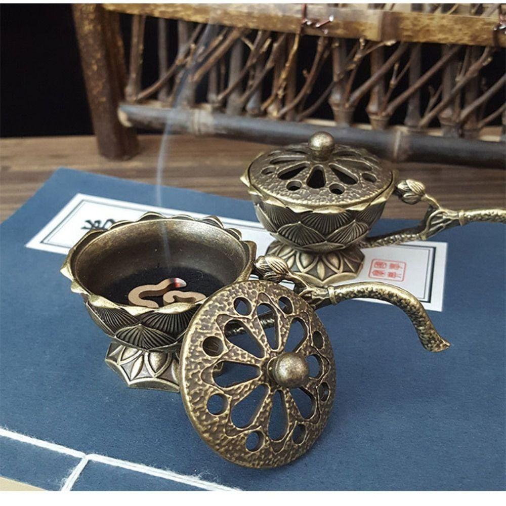 Alloy Lotus Hand Stove Small With Cover Incense Burner Hollow Out Retro Copper Brass Incense Holder Camping Garden