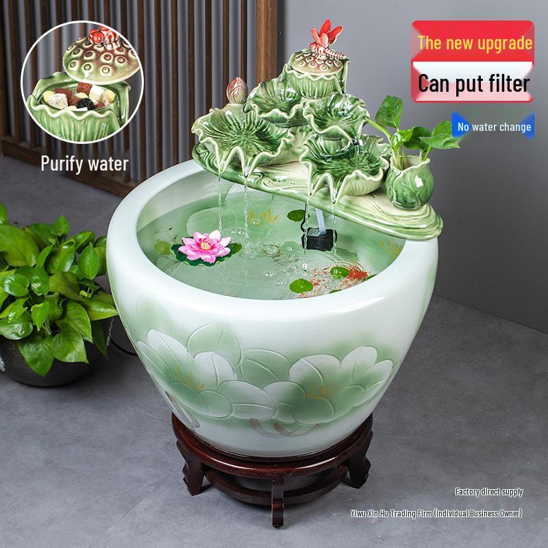 Jingdezhen Goldfish Tank: Floor-Standing Ceramic Water Feature for Balcony, Office, or Living Room.