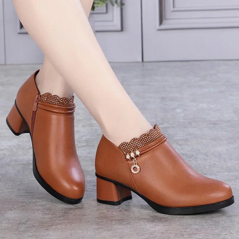 Fashion 2025 Solid Spring Autumn Women Fashion Pumps Thick High Heels Soft Comfortable Mam Zip Shallow Women Shoes Zapatillas De Mujer