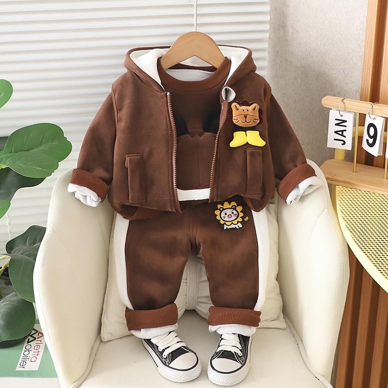Baby Boys Clothing Set Autumn Winter Cartoon Thick Hooded Jacket Coat Pants 3Pc Suit for Kids Warm Outfits
