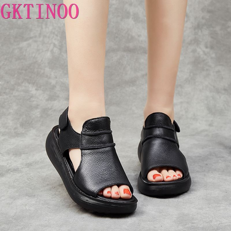 Fashion GKTINOO 2025 Summer Thick Bottom High Heel Flat Platform Sandals For Women Genuine Leather Fashion Wedges Peep Toe Women Sandals