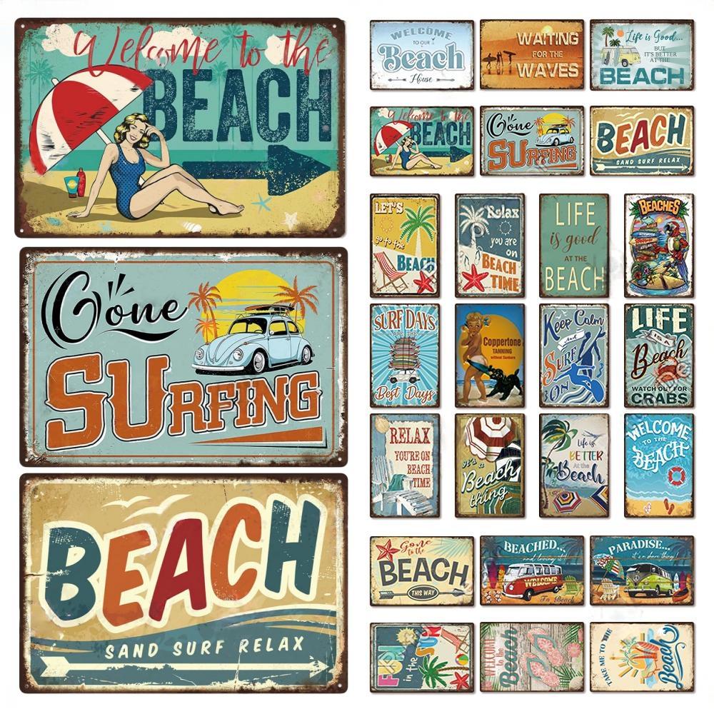 Summer Beach Decor Vintage Metal Tin Signs Plaque Metal Plate Retro Posters Wall Art Decor Seaside