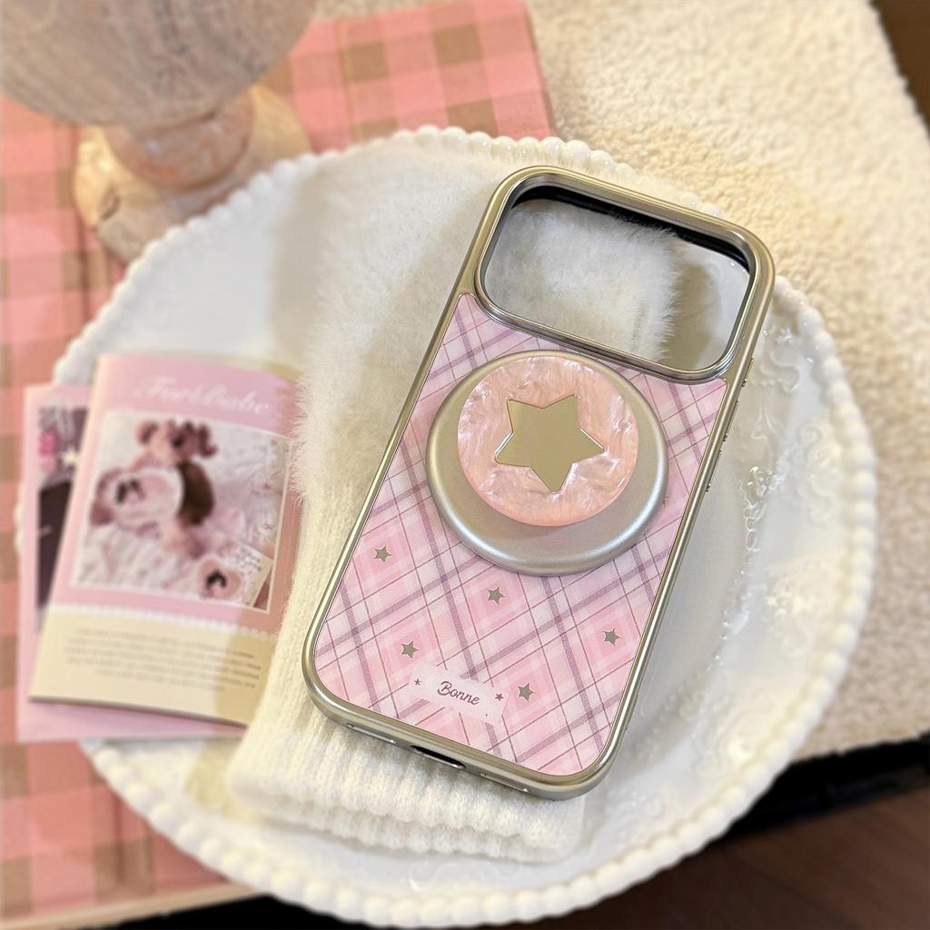 Korean Style Gold-Plated Peach Star Plaid Magnetic Phone Case for iPhone 16/17 Pro Max/15/14P