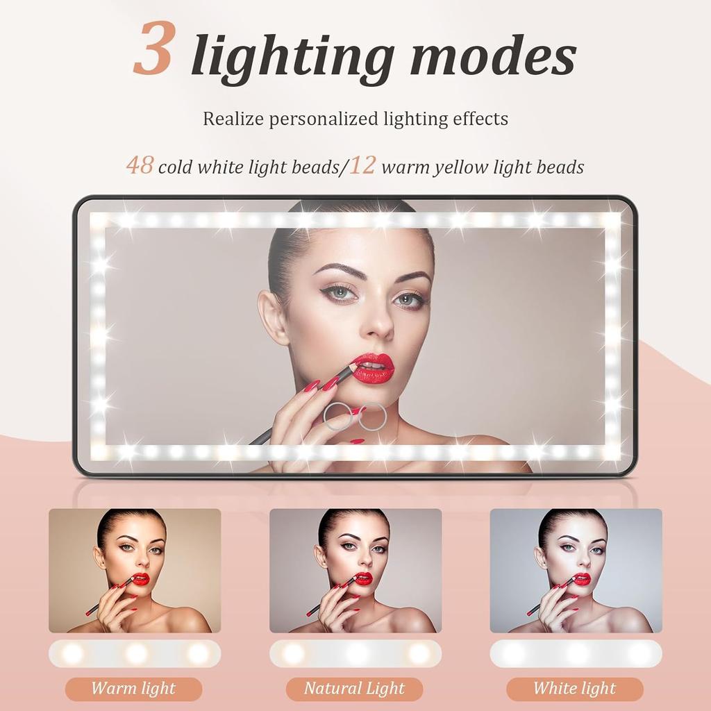 Car Sun Visor Vanity Mirror,60 LEDs Light &3 Light Mode,USB Rechargeable Sun Visor Vanity Mirror Dimmable Touch Screen Cosmetic Makeup Mirror