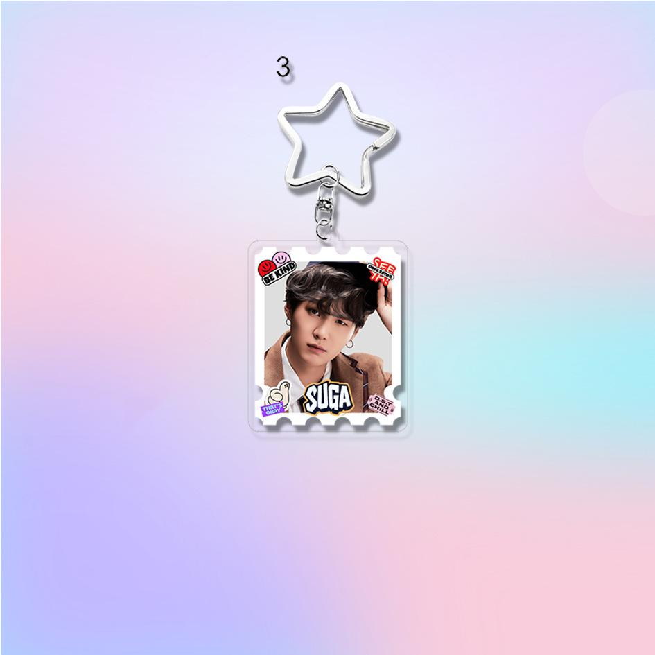 7pcs BTS Cute  Stamp Style Keychain, Bangtan Boys Photo Keyring with Star Clasp, Kpop ARMY Fans Bag Charm