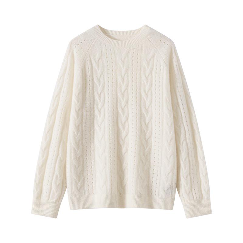 2025 Autumn/Winter Women's 100% Cashmere Round Neck Hollow Cable Knit Casual Loose Pullover Sweater