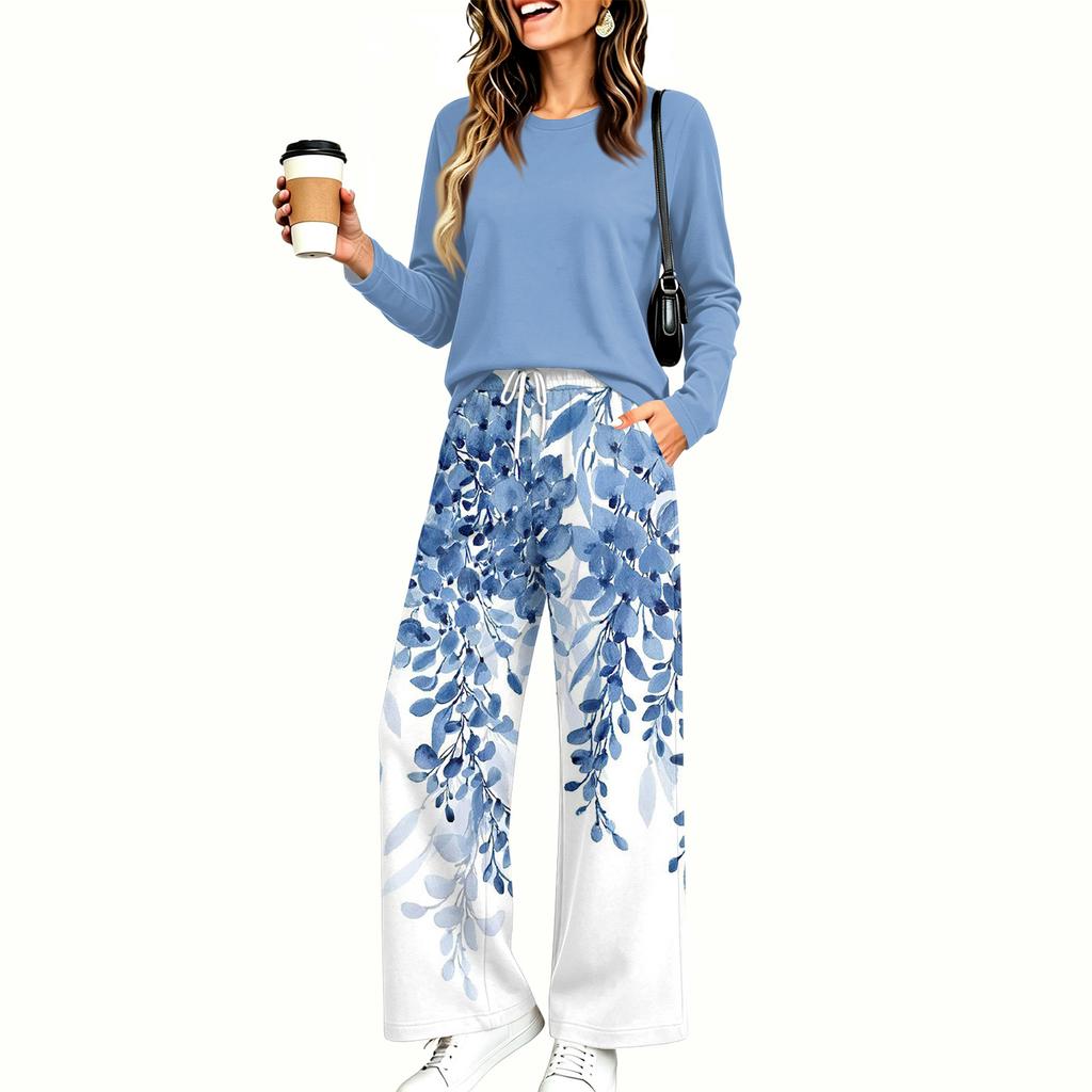 Women's Pajama Set with Pockets, Round Neck Long Sleeve Loose Fit Printed Casual Loungewear for Sleeping At Home