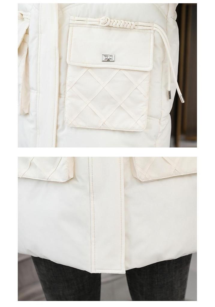 Women's Korean Style Hooded Mid-Length Cotton Jacket—Free Shipping, Solid Color, Loose Fit, Thickened for Winter Cold Protection.