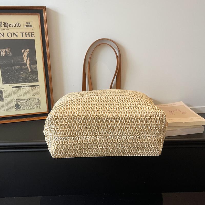 Borsa Tote in Paglia Intrecciata con Manici in Pelle Dettaglio Frangia Borsa da Spiaggia Estiva Moda Donna Grande Capienza