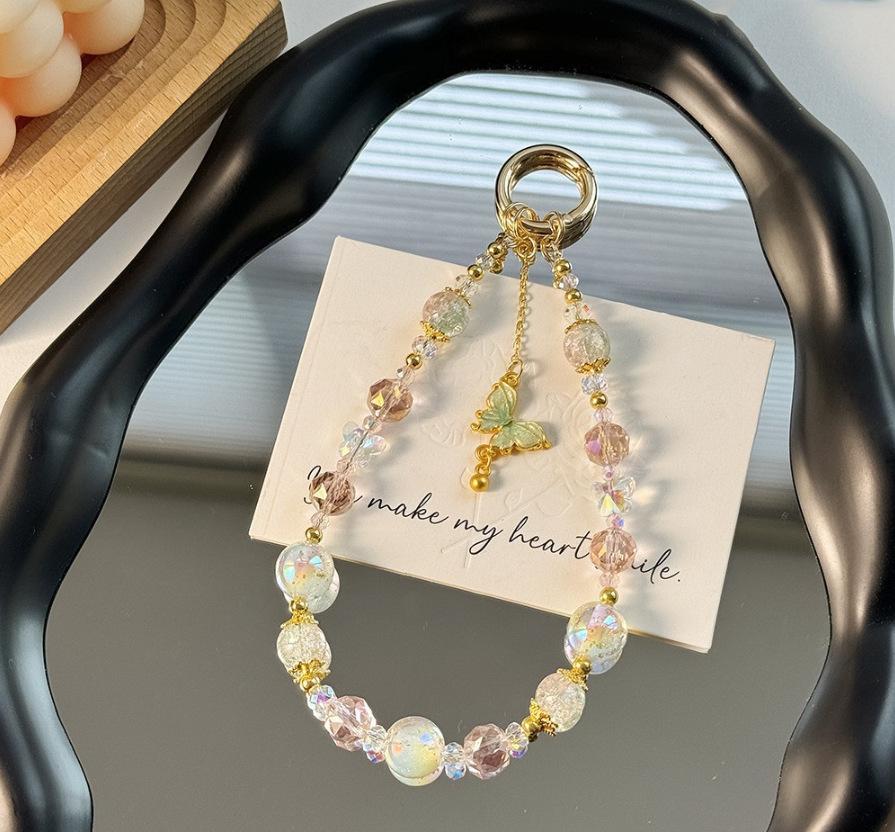 Premium Crystal Bead Mobile Phone Chain Alloy Butterfly Small Fragrant Wind Beaded Gold Foil Pendant Keychain Wrist Chain Versatile