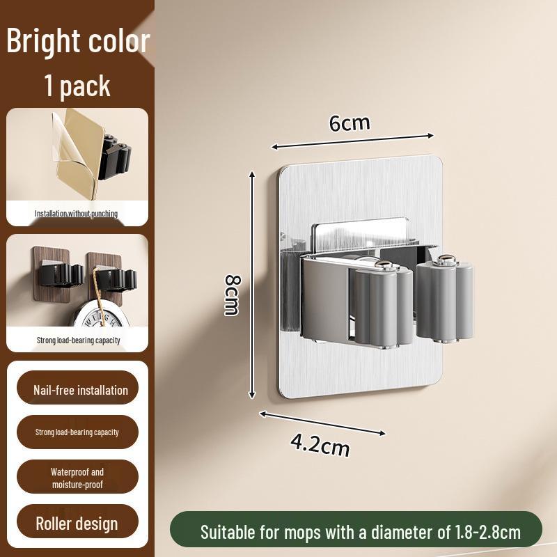 Stainless Steel Punch-Free Mop Clip - Strong Load-Bearing Wall-Mounted Storage Hook for Bathroom.