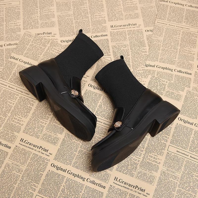 Leather short boots women's new thin boots autumn and winter flat Martin boots elastic boots autumn and winter thin