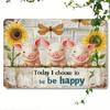 SHEIN ICON Vintage Metal Wall Sign 8x12 Inch, Farmhouse Decor "Today I Choose To Be Happy" Sunflower Pig Design, Weatherproof Ru