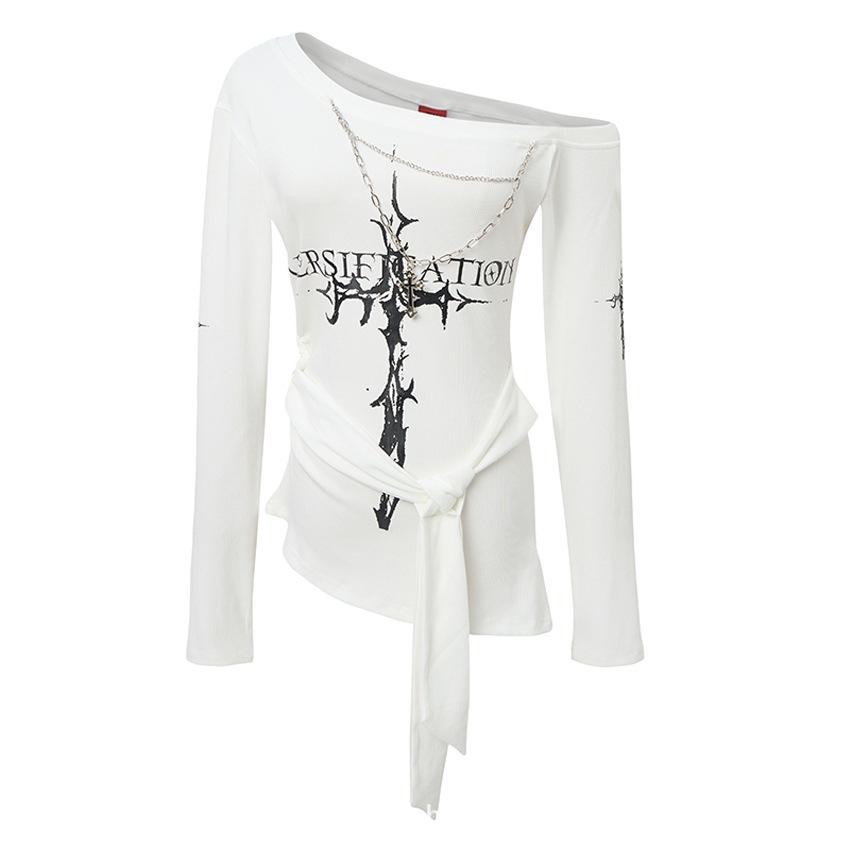 Women s Cross Print Off-the-Shoulder Long Sleeve T-Shirt with Tie-Up Design - Slimming Sweet Cool Spring Top Medium белый