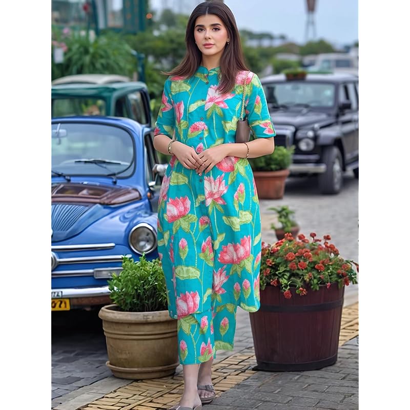 Gosriki Women' Rayon Viscose Printed ALine Kurta With Pant (Ladat GreenVks06Gs Green XLarge)