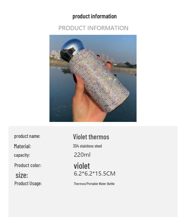 Violette Voll-Strass Luxus Isolierte 304 Edelstahl Wasserbecher