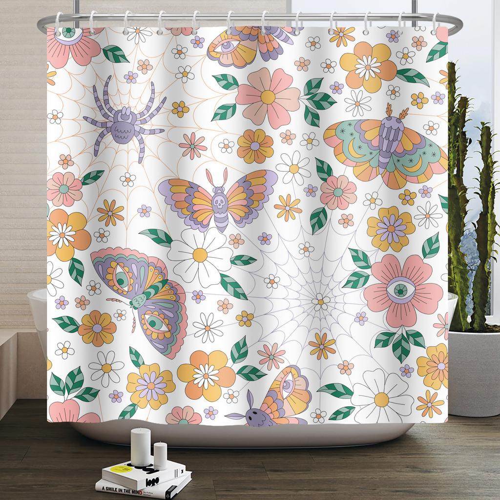 Vintage Rainbow Mushroom Shower Curtain Funny 70S 80S Retro Trippy Abstract Boho Floral Hippy Waterproof Bathroom Curtain Decor