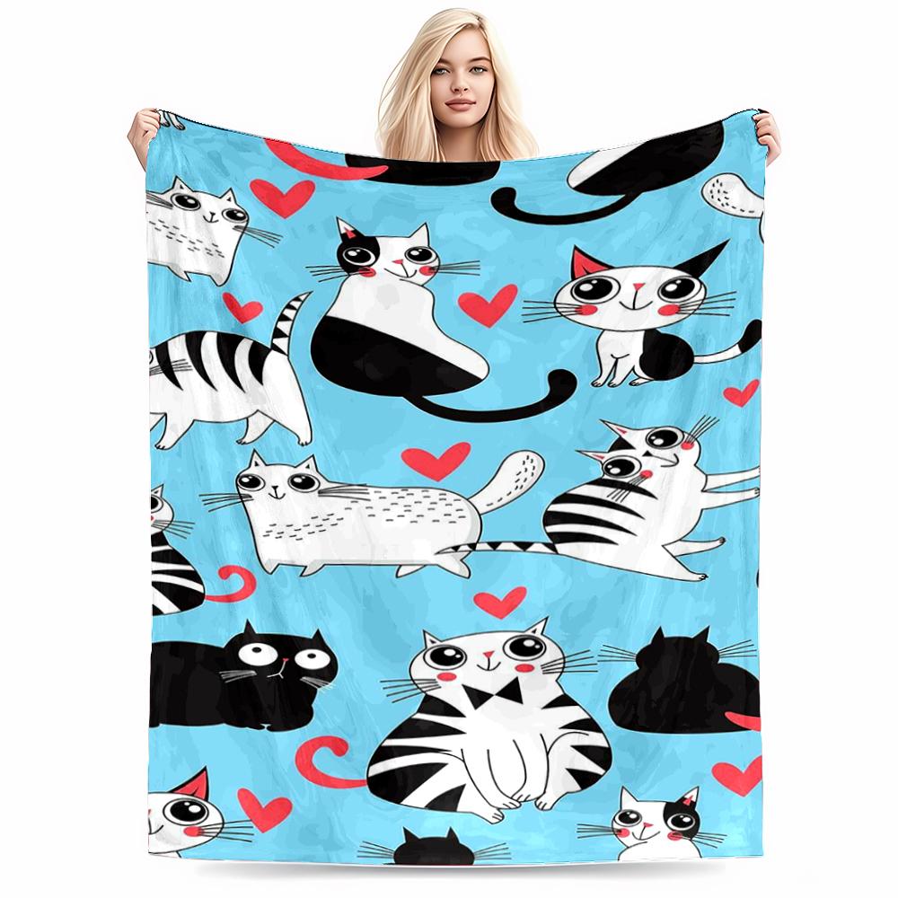 Cute Cartoon Cats with Hearts Design Flannel Blanket for Bedroom, Living Room, Sofa, and Nap