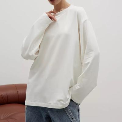 260g Pure Cotton Solid Colour Long Sleeve T-Shirt Women Loose Casual Round Neck Top