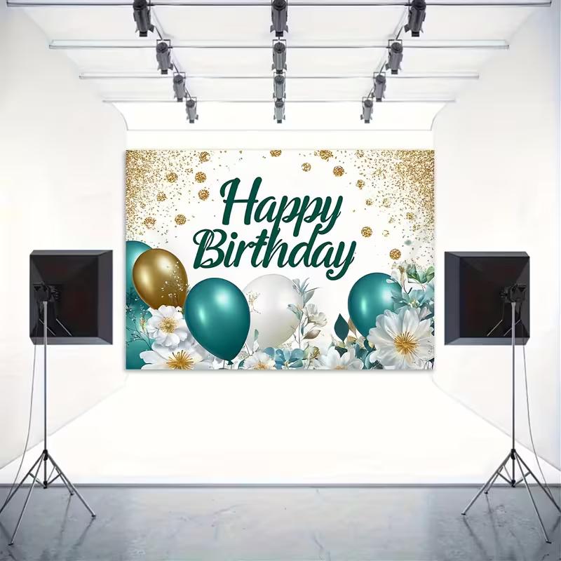 2D Teal Gold Happy Birthday Backdrop Floral Balloon Glitter Party Photography Banner