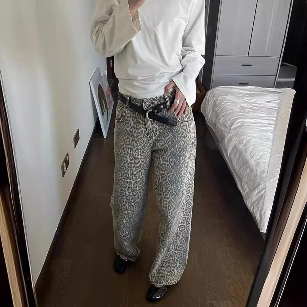 Women Leopard Jeans American Wide Leg Pants High Waisted Korean Style Retro Baggy Jeans Loose Oversized Straight Trousers