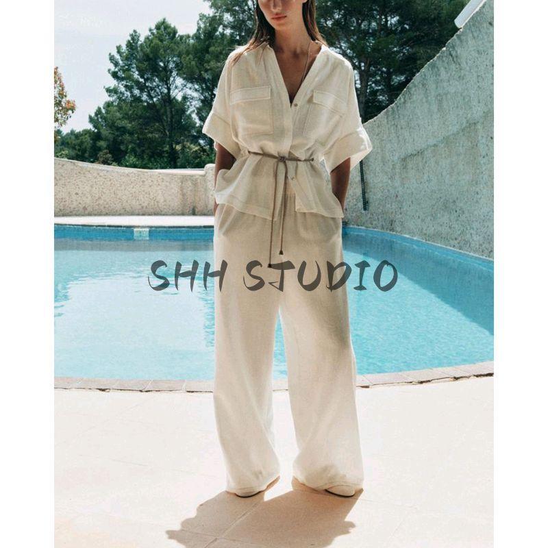 Summer Simplicity Shoelace Tour Hunting Jacket Shirt 3711393 High Waist Vacation Style Wide Leg Pants 2116393