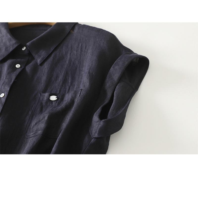 Women Casual Loose Short Sleeve Lapel Collar Cotton Linen Shirt Top