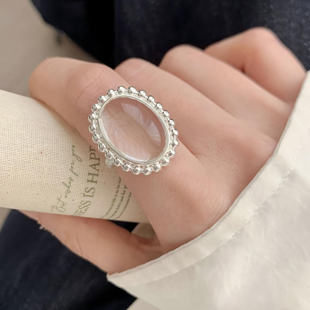 PANJBJ 925 Silver Geometry Crystal Ring For Women Ellipse Exaggerated Punk Water Drop Open Jewelry Gift