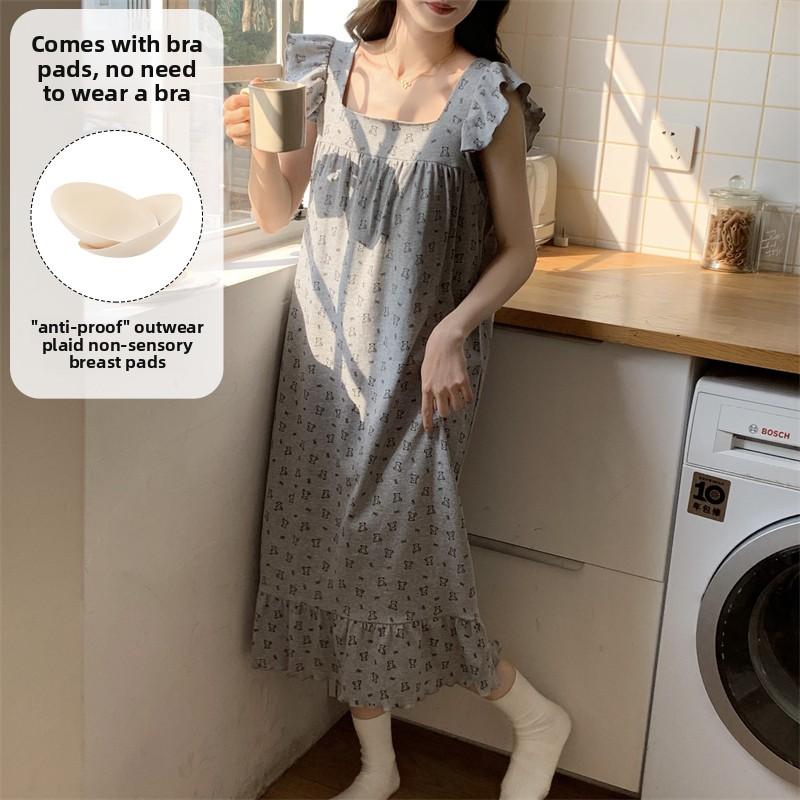 Summer Cartoon Print Casual Loose Nightdress with Chest Pad Sleepwear Women Square Neck Sleepdress Young Girl Nightgown Homewear