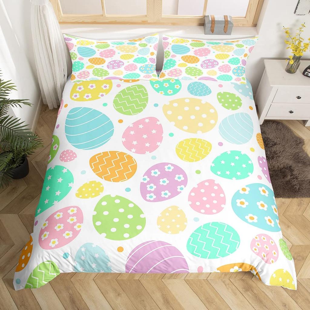 Watercolor Easter Eggs King Queen Bedding Set Happy Easter Themed Duvet Cover Toddlers Rainbow Easter Egg Polyester Quilt Cover