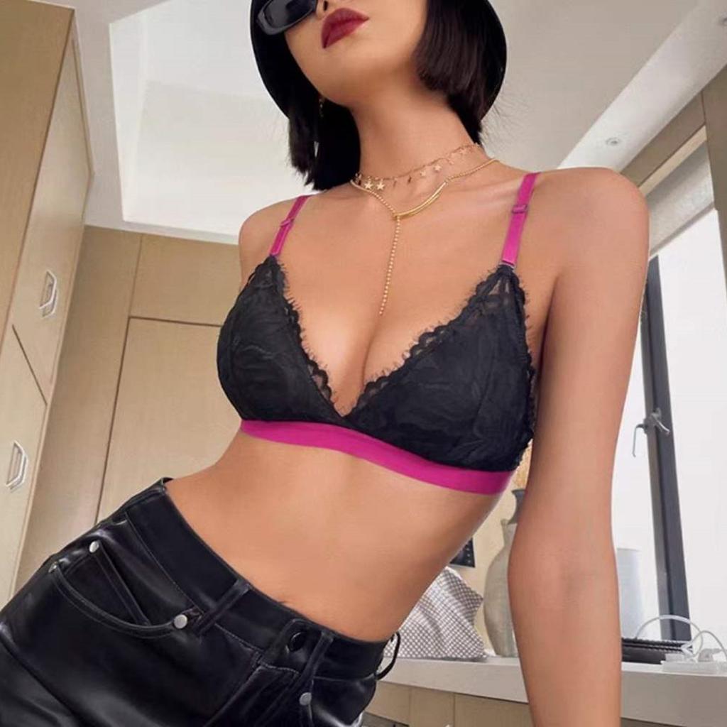 French underwear thin contrasting color triangle cup no steel ring bra big chest small sexy lace bra cover