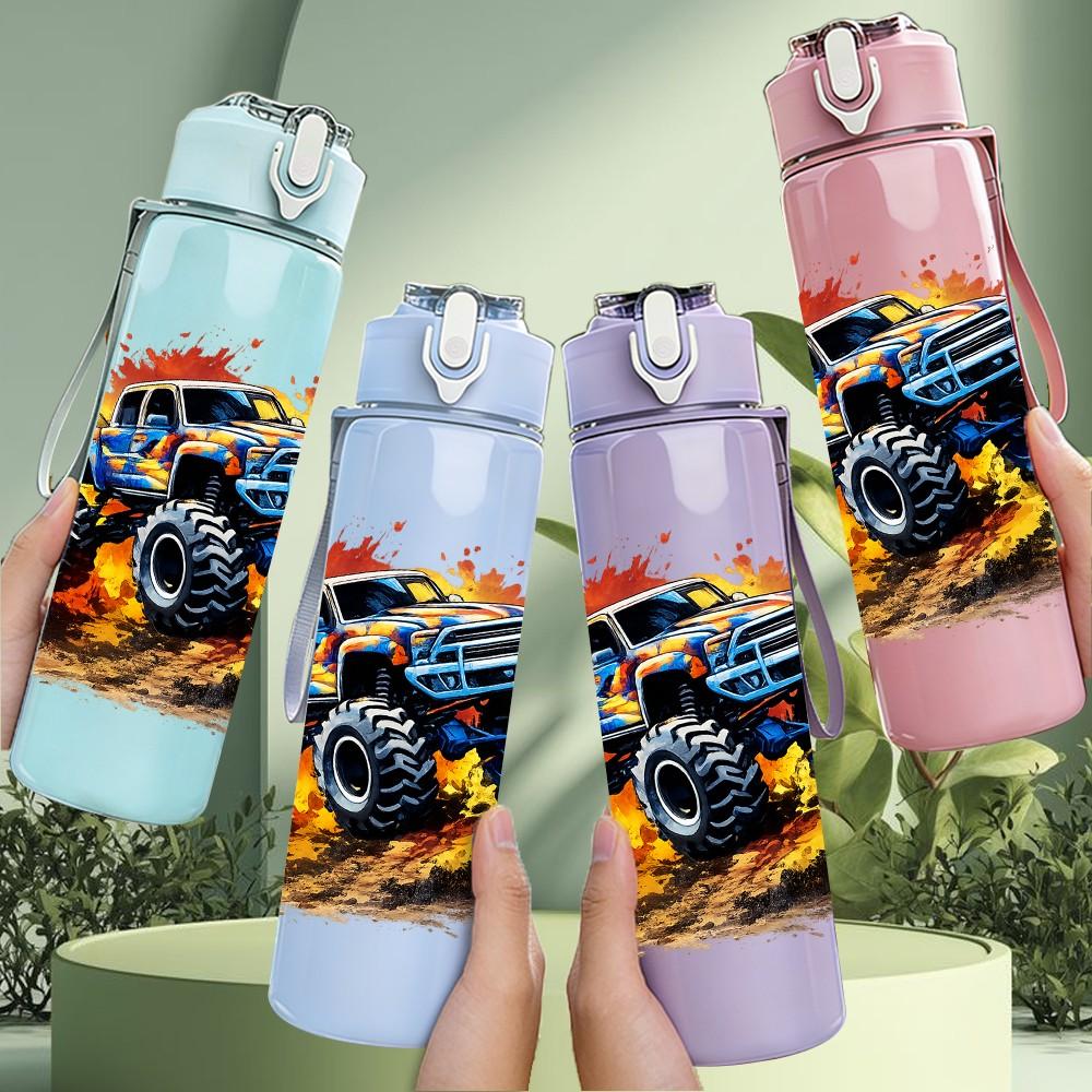 1PC Mud Splash Monster Truck Print 750ml Color Plastic Sports Water Bottle Leakproof Flip Straw Lid Suitable for Sports Office Home Use