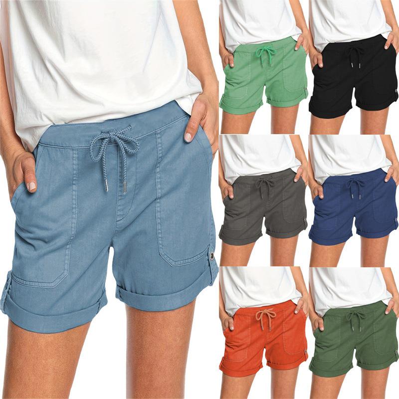 2025 Women's Casual Solid Color Straight-Leg Lace-Up Shorts