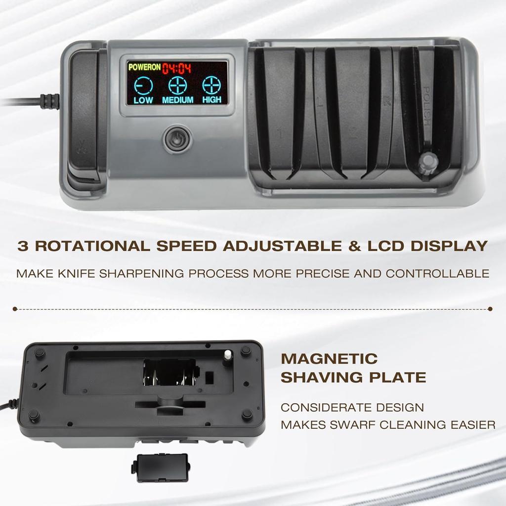 Professional 3-Stage Electric Knife Sharpener for Kitchen Knives, LCD Screen, 100% Diamond Abrasive, Adjustable Rotational Speed, Precision Angle