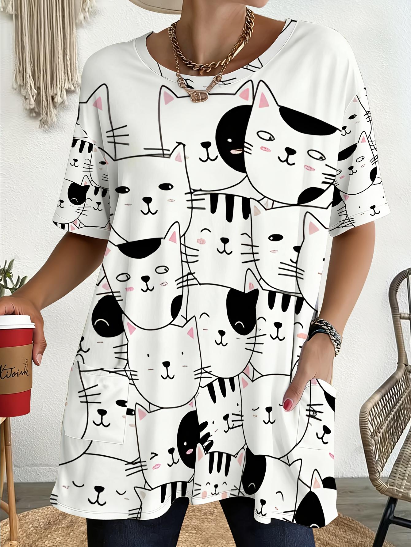 

Женская футболка большого размера с рисунком мультяшного кота, свободный крой с карманами, 1XL