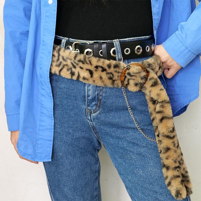 Plush Y2K Leopard Print Spicy Belts Stylish Women Faux Fur Waist Belt American Retro Street Style Deco Accessories