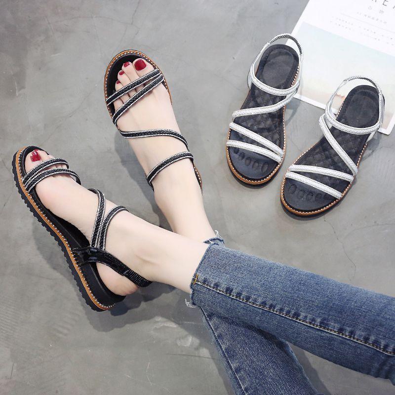 Fashion Women's Sandals Rhinestones Black Platform Ladies Shoes Asian Size Daily High Quality Summer 2025 Offers Comfort Original Luxury