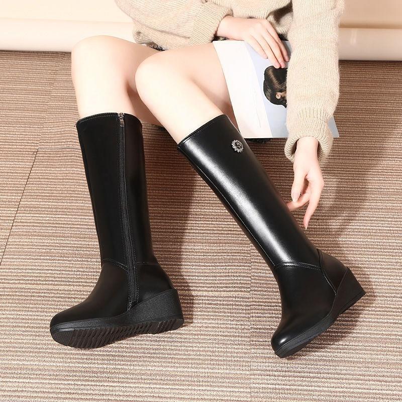 Black Leather Elegant Heeled Women's Half High Boots Autumn Winter Warm Ladies Mid Calf Shoes 2025 Novelty Demi-season Footwear