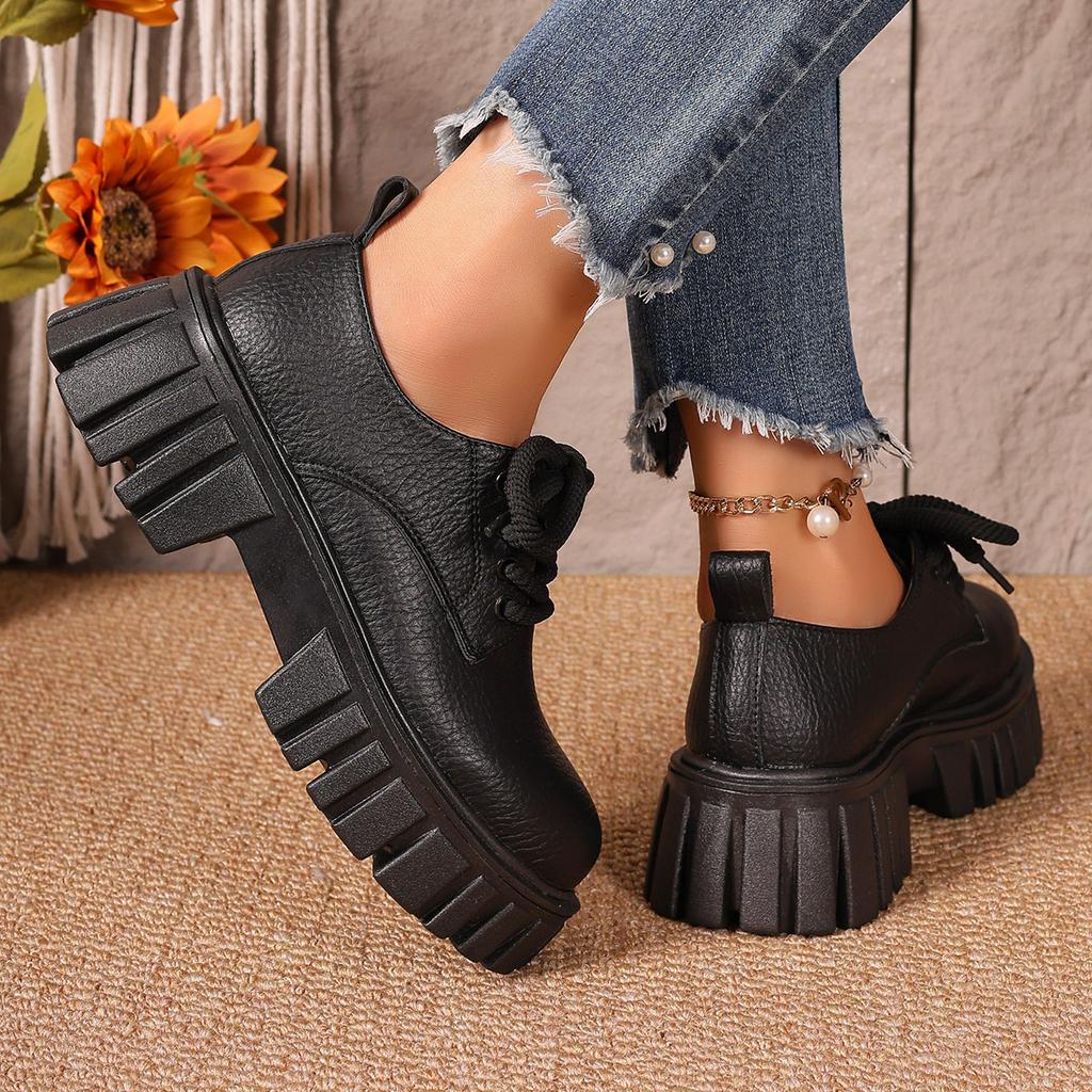 Large Size Muffin Platform Small Leather Shoes Women's British College Style Lace-up Casual Student Leather Shoes