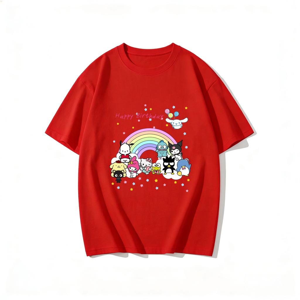 2026 New Sanrio Characters Happy Birthday Cartoon Print Tshirt Family Matching Outfits Casual Short Sleeve Tee Women Unisex Kids