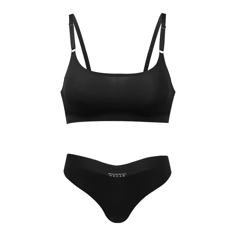 

Высококачественный новейший дизайн, размер США, стильный, сплошной ледяной шелк, бесшовный беспроводной бюстгальтер и комплект женского нижнего белья S чёрный