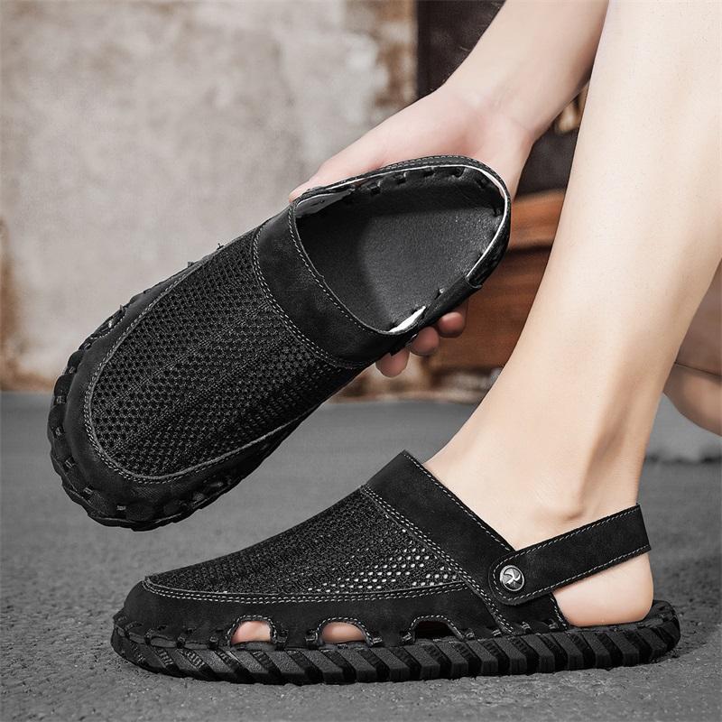 Mode Sandalen für Herren Sommer Flache Oberseite Hochwertige Sandalen Netzstickerei Weiche Sohle Outdoor Rutschfest Camping Atmungsaktive Freizeitschuhe
