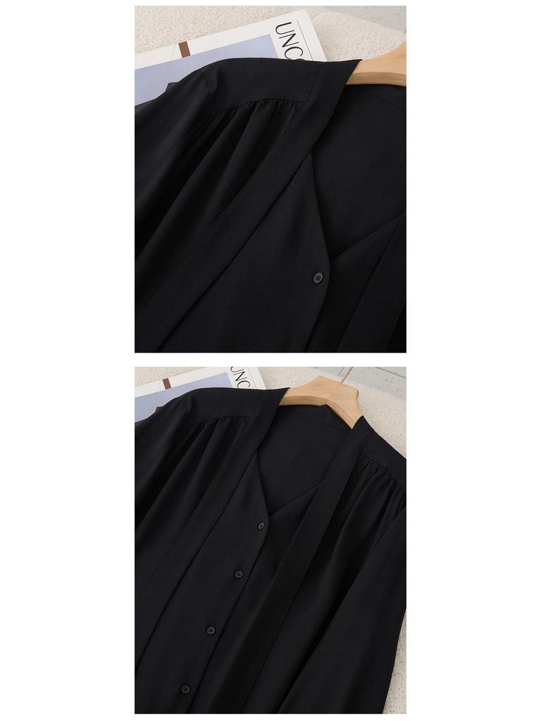 Rong Tai Women's Elegant French Ribbon Long Sleeve V-Neck Chic Shirt - Spring 2026 Collection