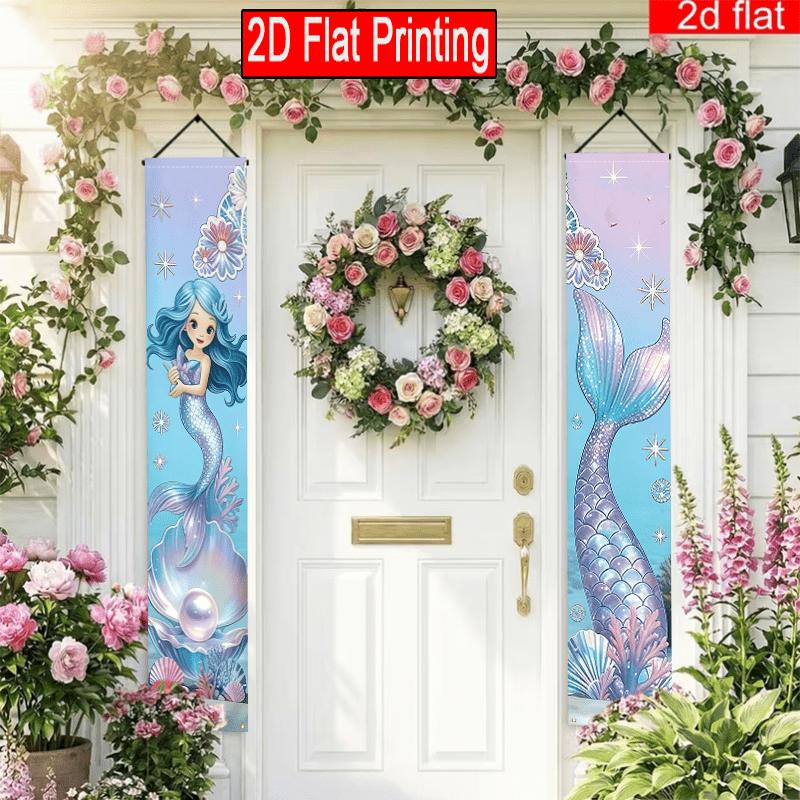 2D Flat, 2D Flat 2pcs Ocean Mermaid Theme Birthday Porch Banner Shell Pearl Design Flag Suitable for Outdoor Lawn Courtyard Decoration 30.48x179.83 cm